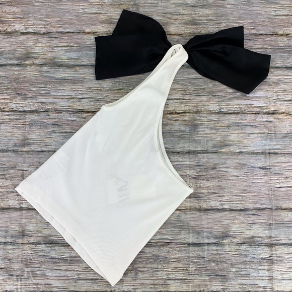 Zara NWT White One Shoulder Ribbed Top with Black Satin Shoulder Bow, Medium - Picture 2 of 16